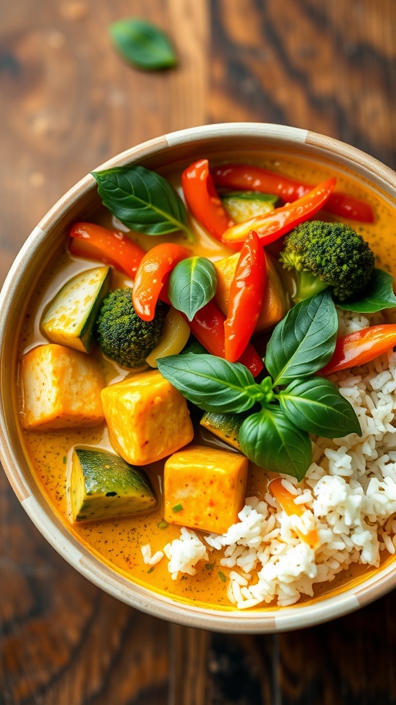 A bowl of spicy Thai green curry with tofu and vegetables over jasmine rice, garnished with Thai basil.